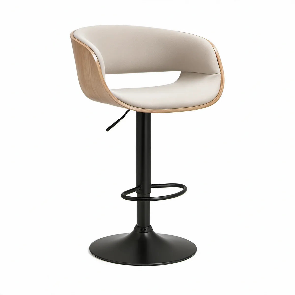 Justerbar barstol med ryglæn og armlæn i beige kunstlæder, lyst træ og sort stål, 55 x 53 x 86-108 cm