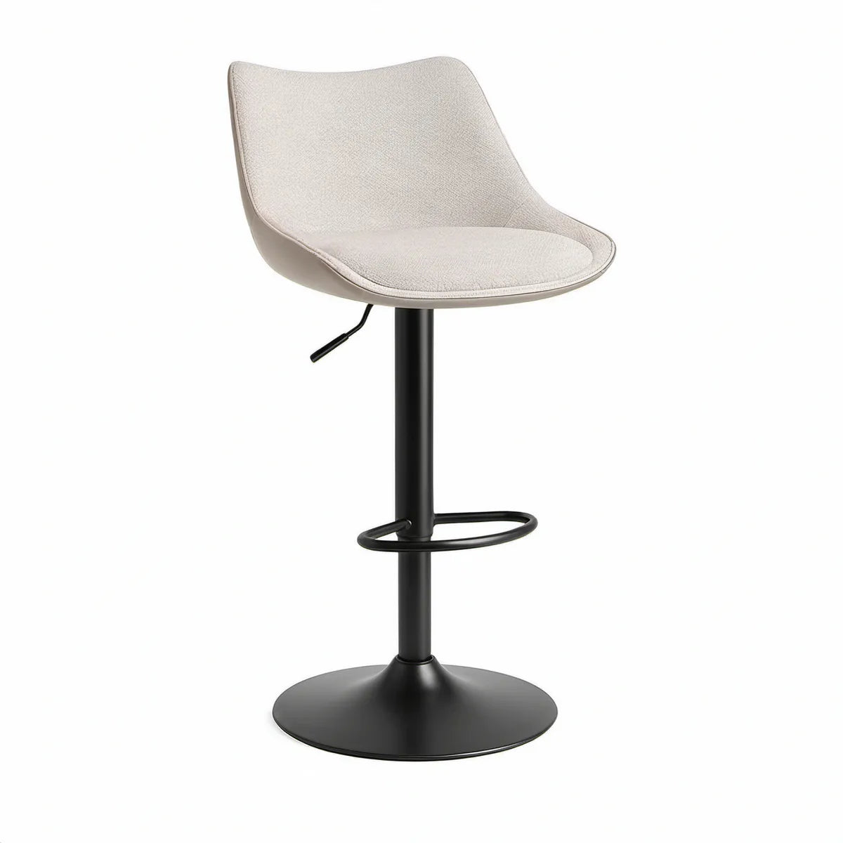 Justerbar barstol med ryglæn i beige polyester og sort stål, 47 x 50 x 91-112 cm